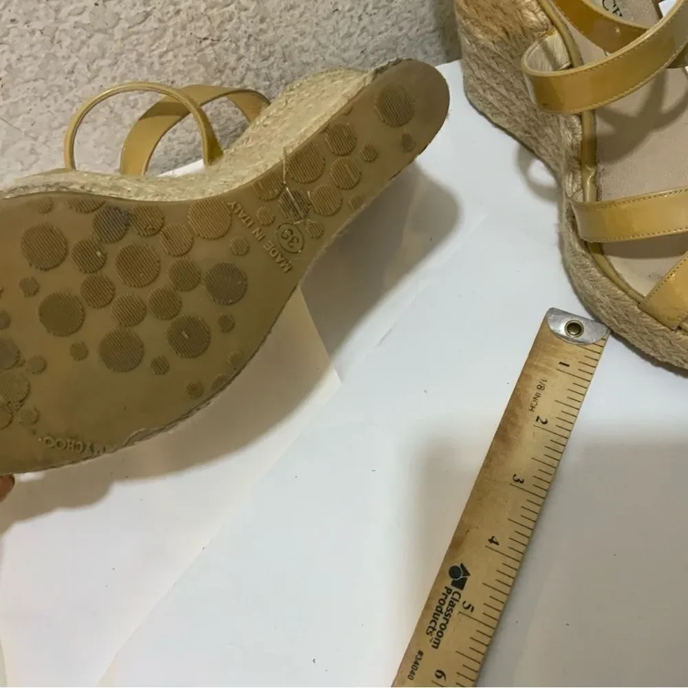 JIMMY CHOO PORTO CRISSCROSS ESPADRILLE WEDGE SANDALS NUDE PATENT LEATHER SZ 39